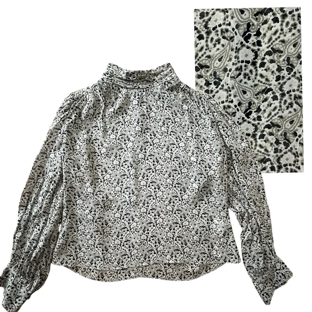 ZARA Paisley BLOUSE L Balloon Puff Sleeve Black White Crop TOP Regency Collared